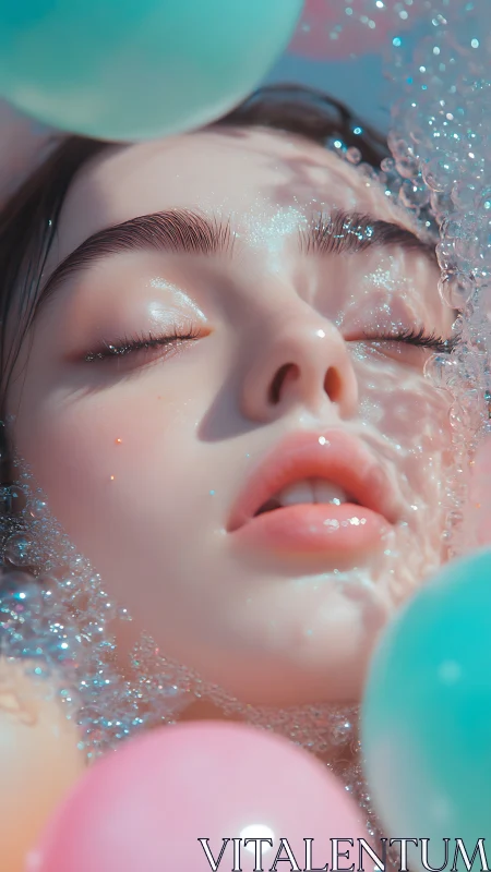 Dreamlike closeup portrait with pastel bubbles and water.