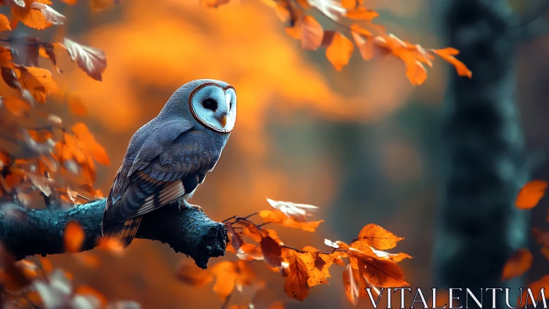 Barn owl perched on branch in vivid autumn forest, dreamy style.