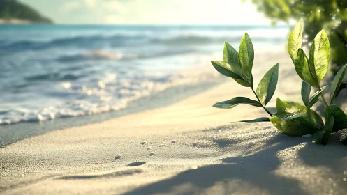 Green leaves and foamy shoreline on sunlit sandy beach.
