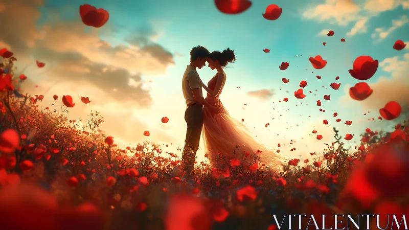 Lovers Waltz Through Crimson Petals Against Golden Hour Magic