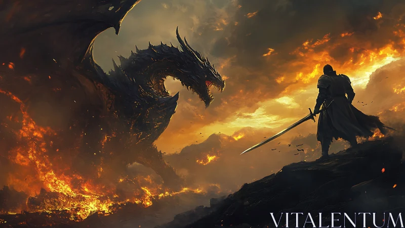 Armored swordsman confronting volcanic drake in pyric dusk.