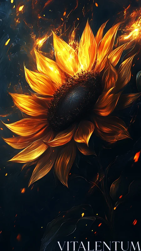 Luminous sunflower rendered as molten flame against dark void