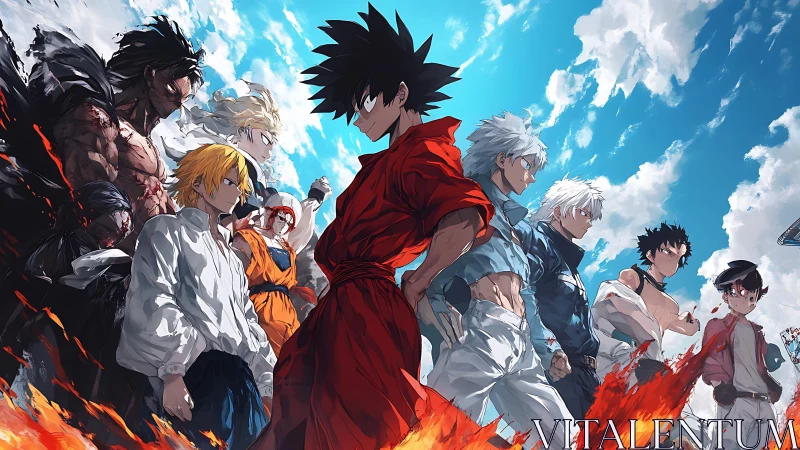 Dynamic shonen hero lineup in angular widescreen anime composition.