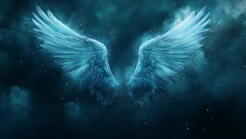Glowing blue angel wings spread in a dark cloudy sky.