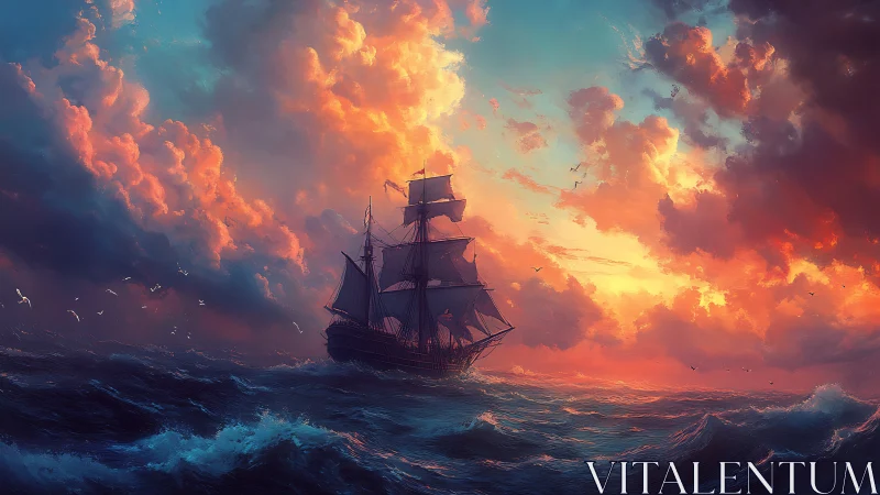 Tall ship sailing into a glowing, storybook sunset sky.