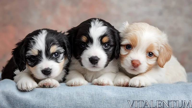 Studio portrait of tri-color and cream-coated spaniel puppies