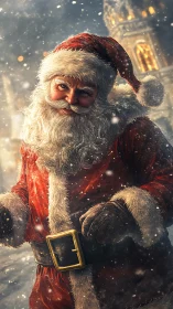 Snow-dusted Santa leans into the glow of a wintry night
