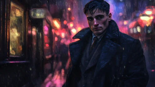 Moody night stroll with a lone man in rain-soaked city lights