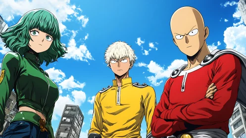 Three stylized heroes in cityscape under clear sky.