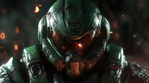 Ember-lit space marine visor blazing through the darkness.