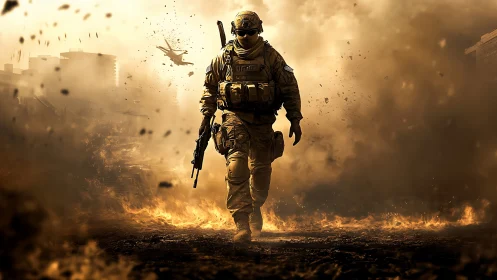 Armored infantry operator advances through high-intensity urban firestorm