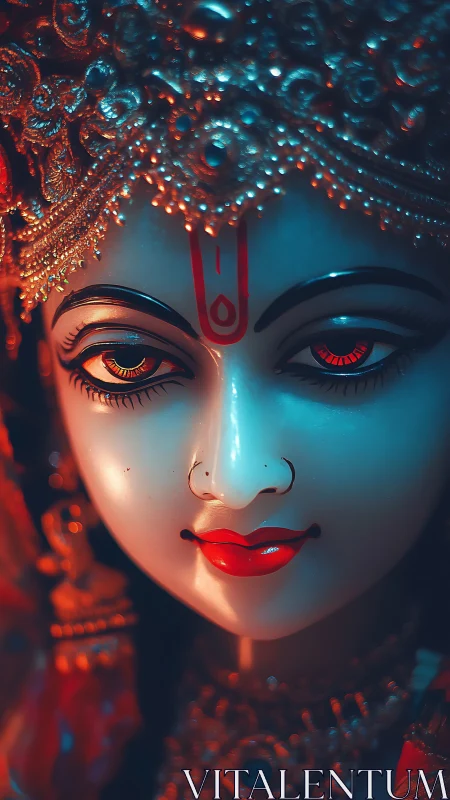 Close view shows illuminated statue face with ornate headdress