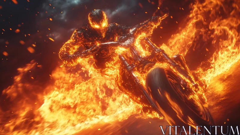 Flaming spectral rider on molten motorcycle in dynamic charge