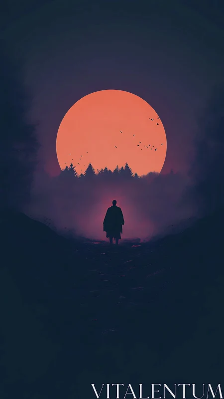 Crimson moon swallows the road as the lone wanderer advances