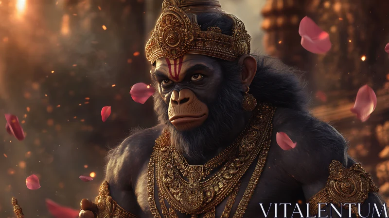 Regal monkey warrior stands calmly among drifting petals