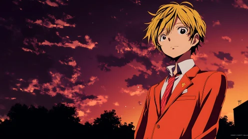 Blond student in orange suit under vivid sunset sky.