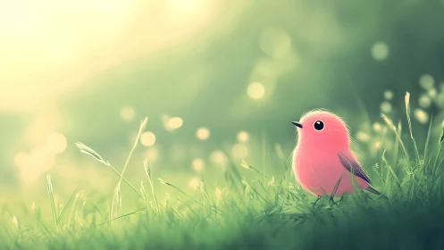 Cute pink bird in dreamy meadow, digital art with soft lighting.