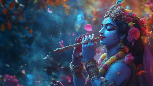Divine blue musician rendered in luminous digital fantasy art