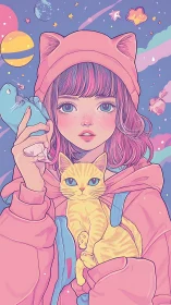 Girl holds cat against pastel space-themed illustrated backdrop