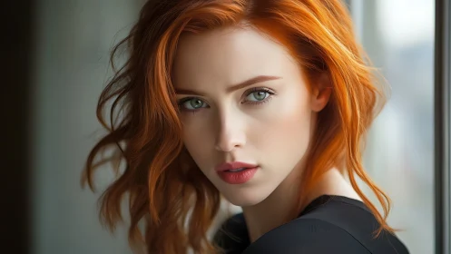 Portrait of red haired woman near window in soft daylight.