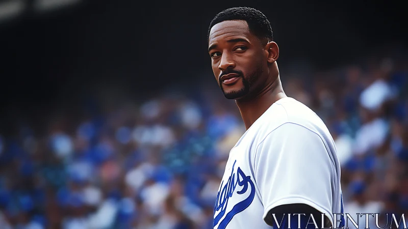 Confident baseball pro glances back across electric stadium.