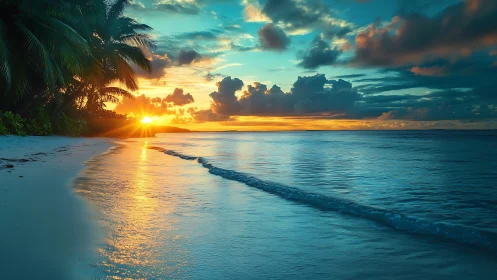 Tropical shoreline at sunset rendered in vivid photoreal light