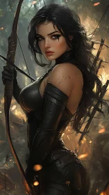 Female archer in dark tactical attire within forest setting.