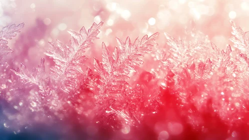 Delicate frost crystals glow in dreamy pink winter light