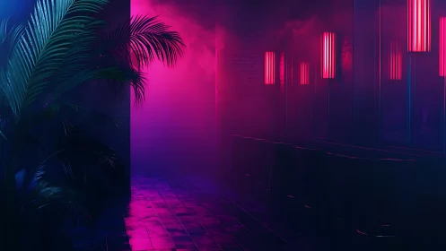 Neon jungle corridor hums softly in vapor-bright midnight haze