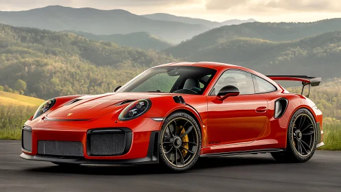 Red sports coupe on mountain overlook in soft daylight.