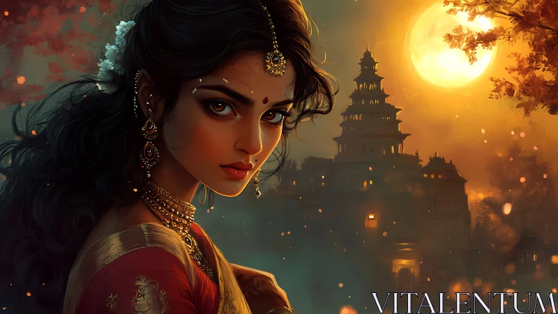 Moonlit temple watches over a regal woman in red silk