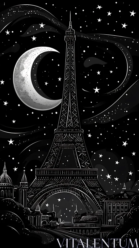 Monochrome Eiffel Tower under crescent moonlit Parisian sky
