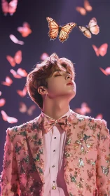 Glittered dreamer in a butterfly storm of soft neon grace.