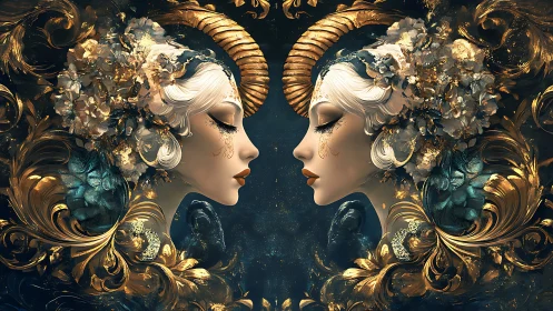 Mirrored horned muses framed by ornate golden florals.