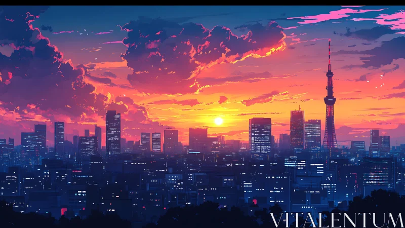 Neon city skyline under vivid magenta-orange sunset glow.