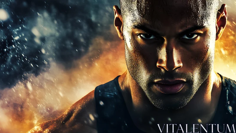 Intense athlete portrait in cinematic rain and fire light.