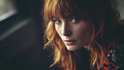 Quiet ember gaze under windowlight, wrapped in patterned dusk.