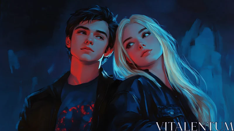 Cinematic neon portrait of pensive teen couple in blue red light