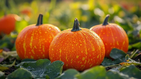 Dew-kissed orange pumpkins glowing in soft autumn light.