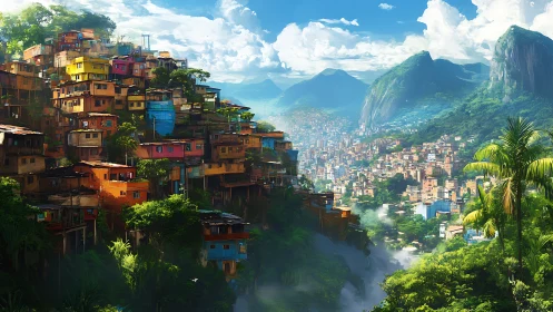 Skyline of stacked favela dreams above emerald valleys.