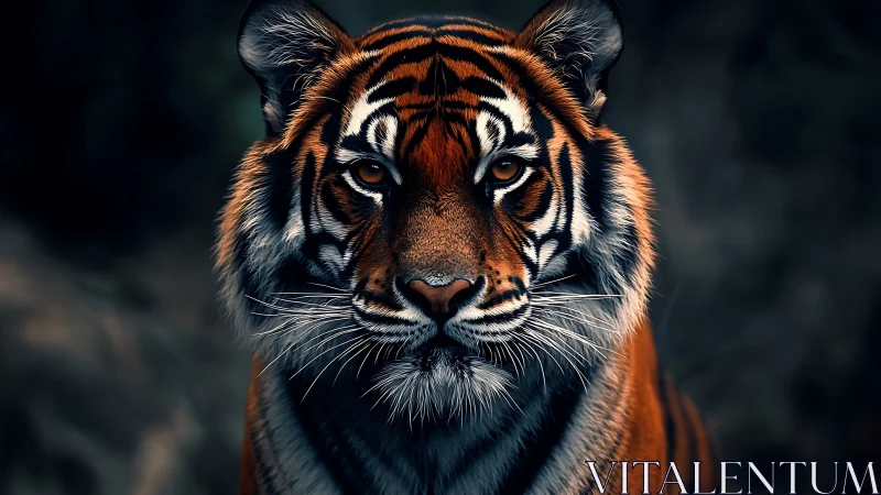 Close-up portrait of tiger with intense direct gaze.