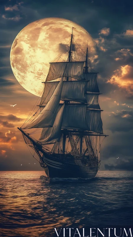 Moonlit tall ship gliding gently across a glowing sea.