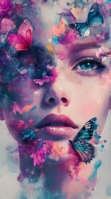 Surreal female portrait merges with butterflies and flowers