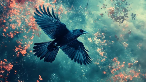 Black bird in mid-flight over teal and orange background.