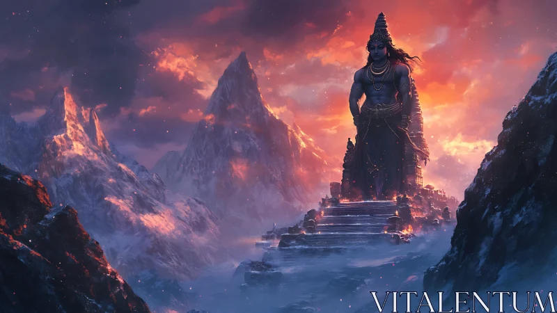 Colossal mountain deity rises over fiery Himalayan sunset