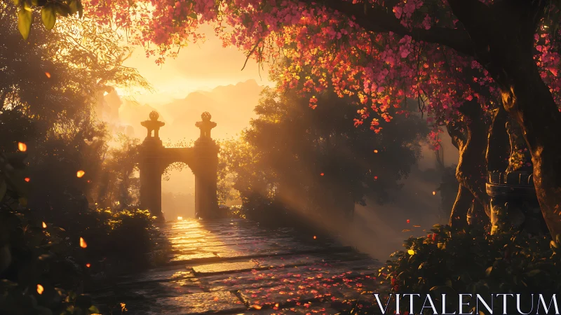 Sunlit blossom path leading to misty stone garden gate.