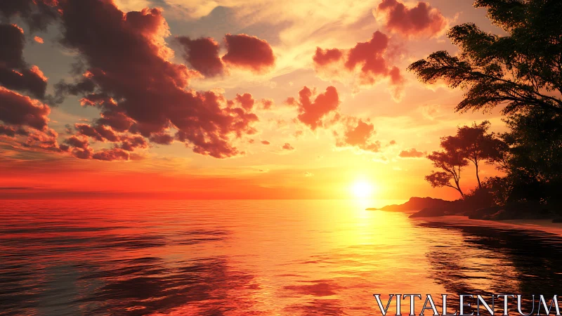 Golden tropical sunset ignites a tranquil reflective shoreline