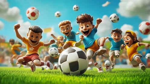 Joyful kids chase soccer ball on sunny cartoon field.
