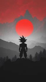 Silhouetted warrior greets a bold red sun over misty peaks