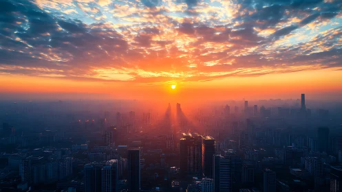 Photorealistic sunrise over dense high-rise megacity gridscape.